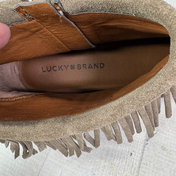 Lucky Brand GALLEY Taupe Leather Suede Low Heel Fringe Zip Ankle Boots Sz 8.5 M - Picture 11 of 16